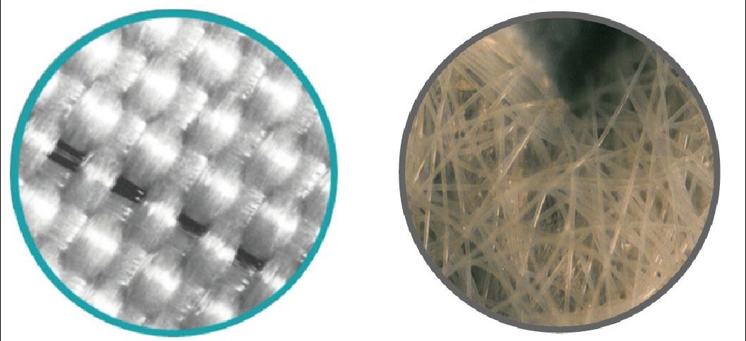 Mikroskopische Aufnahme im Vergleich · links dichtgewebte Mikrofaser mit geordneter Struktur, rechts ungeordnetes Vliesgeflecht